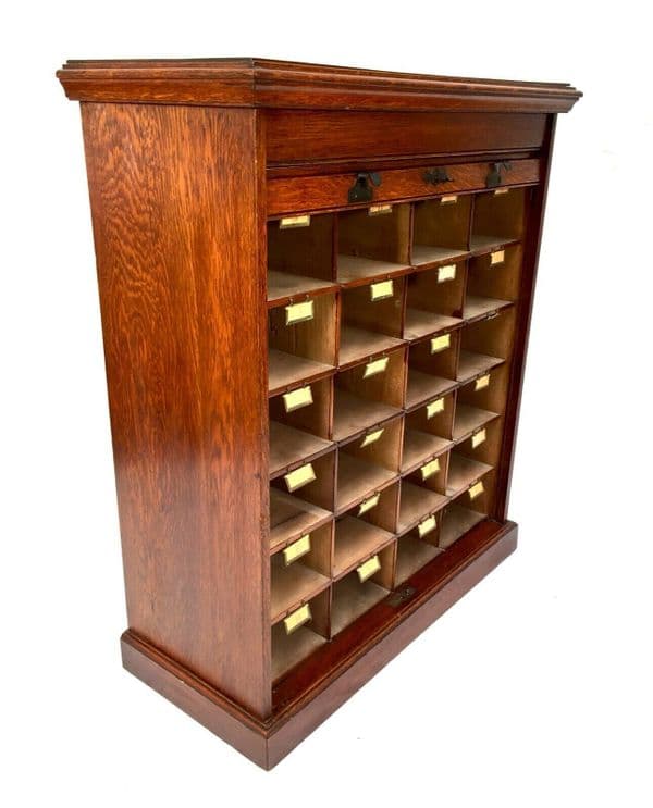 Antique Wooden Golden Oak Tambour Fronted Filing Cabinet / Pigeon Hole Chest